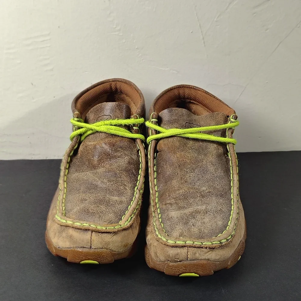 Twisted X Driving Moc Boys 4M Brown Leather Neon Green Accents YDM0001 Shoes